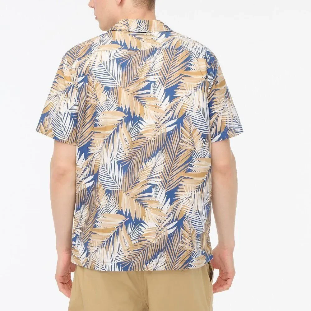J Crew Men's Printed Flex Shirt Button Front Cotton Tropical Tan Blue Large